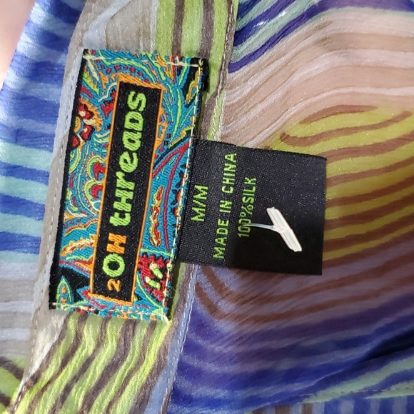 2OH silk blue green sheer color wave asymmetric long sleeve shirt - Picture 7 of 7